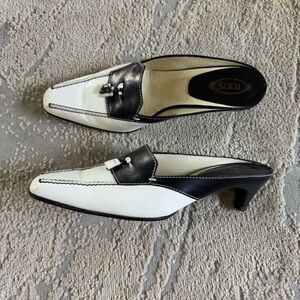 Tod’s kitten heal mules black white slide on leather slip on classic 9.5